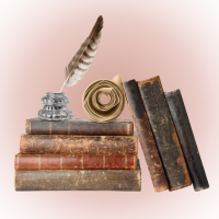 Old books piled with a writing quill and parchment paper on top, pink background