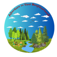 Circle badge with Adventure in Your Neighborhood on the top, a green forest landscape, water stream, rocks, clouds, and birds flying in the sky. A family of 4 walks next to the stream in hiking apparel.