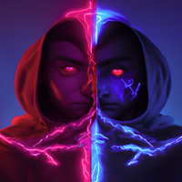 red hero on the left and blue villain on the right