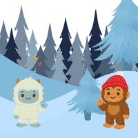 Yeti and bigfoot together in a forest covered in snow.