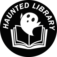 Ghost floating from a book with the words "haunted library" on top.