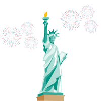 The image depicts a graphic styled image of the statue of liberty with red and blue fireworks in the background