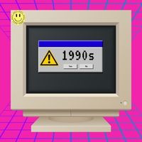 90s computer on a grid-like cyber-scape background with a message on the computer screen saying "1990s"