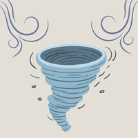 Image depicts a tornado swirling in the center of the picture with wind gusts coming from the top left and right corner.