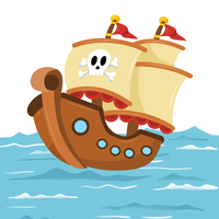 The Image depicts an image of a graphic cartoon style ship, riding on blue ocean waves. A pirate flag with a skull and crossbones can be seen hoisted at the mast.