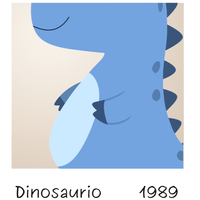 Un gráfico estilizado al estilo Polaroid de un dinosaurio azul sobre un fondo de color tostado, con la palabra «Dinosaurio» en la esquina inferior izquierda y «1989» en la inferior derecha, imitando la portada del álbum *1989* de Taylor Swift.