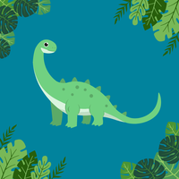 A green cartoon like brachiosaurus is pictured in the center, surrounded by foliage in each corner. The background is a darkish blue-teal color.