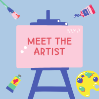 Easel with canvas on it that says meet the artist. around canvas is various art supplies.