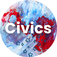 Red, white, and blue swirls and floating blue stars