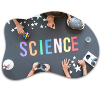 image of kids hands touching different objects like stars and slinkies with the word SCIENCE in the center