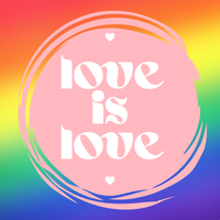 rainbow background with the words "love is love" centered