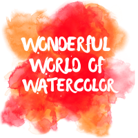 Orange and red watercolor splatter, words say Wonderful World of Watercolor