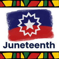 White background showing the red, white, and blue Juneteenth flag with a white star and starburst in the middle. Borders at the top and bottom are abstract shapes in Pan-African colors, green, yellow, red and black.