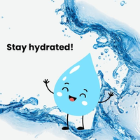 A picture of water splashing is in the background, and on top of it is a drop of water with arms and legs and a happy face. The text reads, "Stay hydrated!"