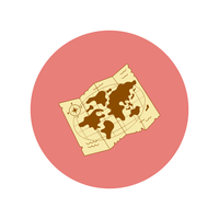 Pink circle with cream and brown map of the world in the center