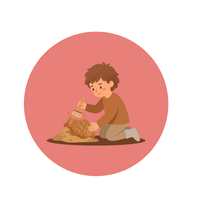 pink circle, with little boy dusting a clay pot