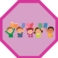 Pink octagon with a group of kids in the middle holding books
