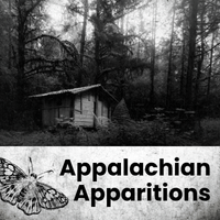 Black and white photo of a cabin in dark, creepy woods. A gray strip at the bottom shows black text and a black illustration of a moth.