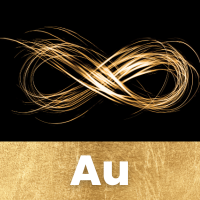 Black background with a gold infinity symbol made from streaks of light. A strip of gold leaf at the bottom with the text Au, the chemical symbol for gold.