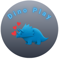 gradient gray background with blue dinosaur and hearts. Text says dino play.