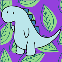 blue dinosaur waving with a leaf patterned background
