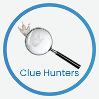 A circle surrounds a magnifying glass, which is hovering over one of two dinosaur tracks. Below the magnifying glass reads "Clue Hunters."