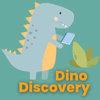 Green background with illustration of a cute smiling T-Rex holding a book in blue, gray and yellow. Illustration of a green plant.