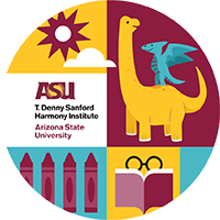 Circle with blocks of color within it. Images include a two dinosaurs, glasses reading a book, crayons, and a sun. Text says ASU T. Denny Sanford Harmony Institute.