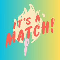 "It's A Match!' in red font in front of a light match, on top of a blue to yellow gradient background