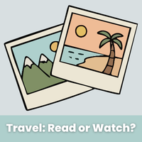 Gray background with pastel illustration of two Polaroids, one showing a beach scene at sunset, and the other showing a mountain scene. Green strip at the bottom with white text.