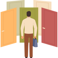man with briefcase staring at 5 different doors