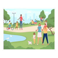 A park scene with families, pets, a person on a bike, a lake with ducks, and green trees and grass.
