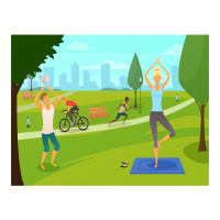 An outdoor scene with people doing yoga, riding a bike, running and playing with a ball.