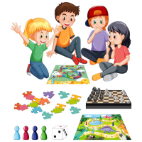 Four kids sitting and playing board games and puzzles.