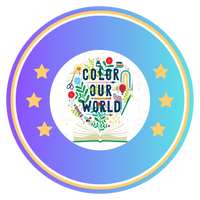 Blue circle with "Color Our World" written in the center.