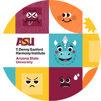 Circle with blocks of color within it. Each square is a different smiley face, angry face or worried face.