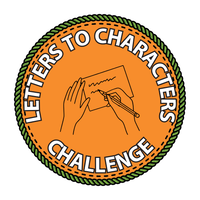 Orange and green badge with a graphic of hands writing a letter. Text: Letters to Characters Challenge