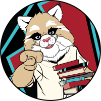 baxter the diamondbacks bobcat mascot holding a stack of books and pointing their claw at you