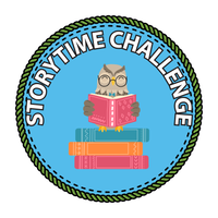 Blue badge with graphic of an owl reading. Text: Storytime Challenge