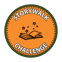 Orange badge with graphic of open book with magical stars emerging. Words: Storywalk Challenge