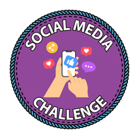 Purple badge with graphic of hand holding smart phone. Text: Social Media Challenge