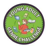 Green badge with graphic of young person with books. Text: Young Adult Challenge
