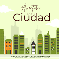 Green background with dark green tall buildings and white clouds. Words "Aventura en tu ciudad"