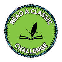 Green badge with library classic book logo--open book with quill. Text: Read a Classic Challenge