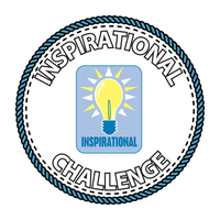 White badge with a light blue and yellow graphic of the library inspirational books logo--a lightbulb. Text: Inspirational Challenge
