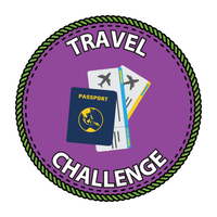 Purple badge with graphics of a passport and airline tickets. Text: Travel Challenge