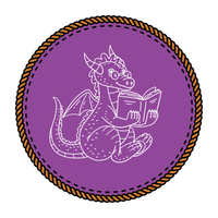 Purple badge with a white graphic of a dragon reading a book. No text.