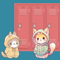 Cats dressed as students in front of school lockers