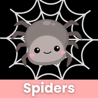 Black background with a cute, smiling spider on a web. A peach strip at the bottom with white text.