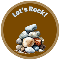 Brown circle with a pile of rocks, text says let's rock